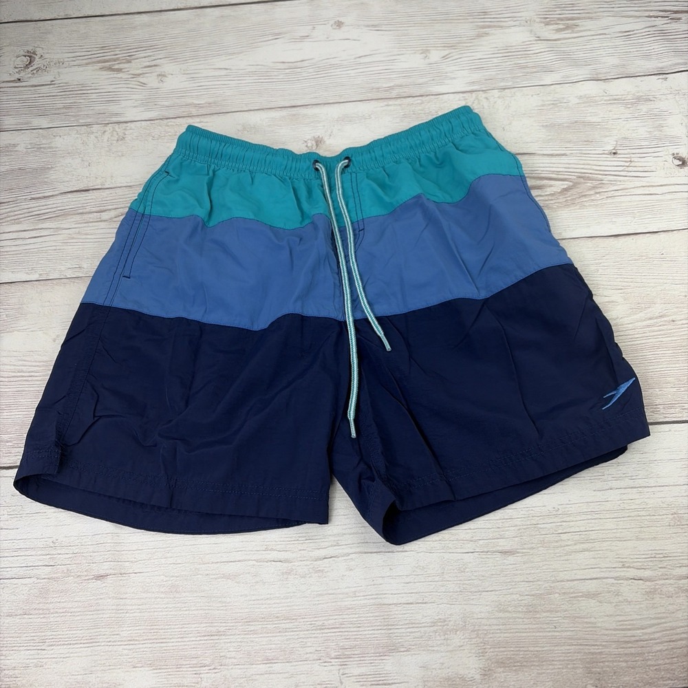 Speedo Men's Medium Blue Teal Navy Colorblock Volley Swim Trunks Excellent!